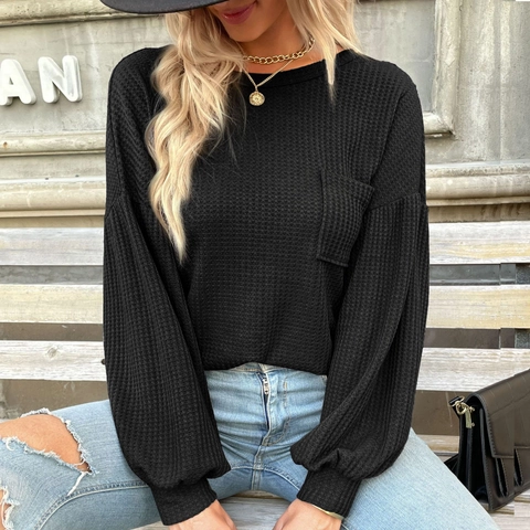 Damen Lässig Waffelstrick Langarm Top Rundhals Rückenfrei Kreuzbindung Laternenärmel Pullover Mit Tasche