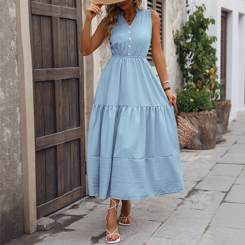 Women Sleeveless V-Neck Tiered Maxi Dress Polyester Solid Color Bohemian Summer Vacation High Waist A-Line Long Dress