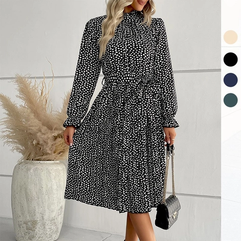 Women Elegant Polka Dot Long Sleeve Midi Dress With Tie Waist Half High Neck Pleated Flowy Casual Commuter Dress