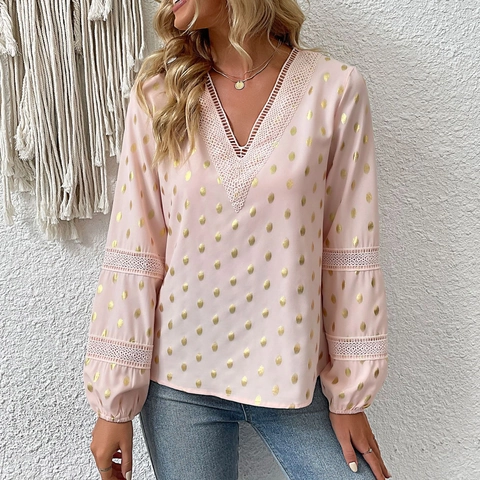 Damen V-Ausschnitt Langarm Bluse Spitze Hohl Patchwork Hemd Gold Bronzieren Punktmuster Elegant Rosa Chiffon Top Für Damen