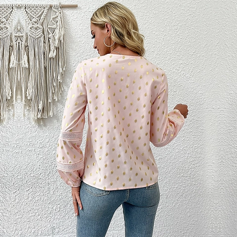 Damen V-Ausschnitt Langarm Bluse Spitze Hohl Patchwork Hemd Gold Bronzieren Punktmuster Elegant Rosa Chiffon Top Für Damen