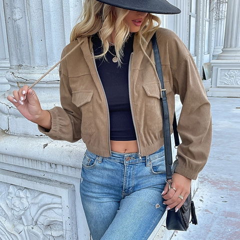 Women Casual Corduroy Hooded Jacket Crop Zip Up Long Sleeve Outerwear Khaki Brown Ribbed Pocket Vintage Streetwear Top