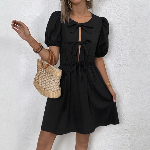 Women Vintage Puff Sleeve Bow Tie Dress Summer Retro Round Neck Cutout A-Line Short Sleeve Casual Vacation Mini Dress