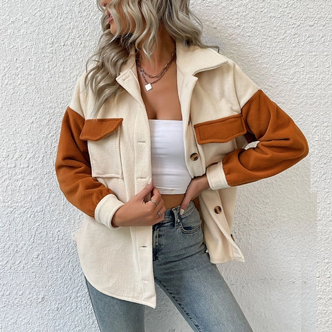Βίντατζ Γυναικείο Shacket από Polar Fleece Patchwork Γιακάς Μονόπετο Παχύ Ζεστό Τζάκετ Με Τσέπες Μακρυμάνικο Πάνω Μέρος