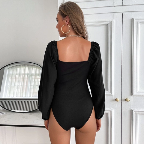 Women's French Retro Elegant Twist Front V-Neck Long Puff Sleeve Bodysuit Ribbed Slim Fit Solid Color Jumpsuit Top