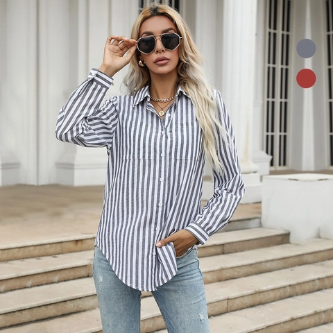 Women Casual Striped Long Sleeve Button Down Shirt Loose Polyester Cotton Blouse Lapel Commuting Office Tops