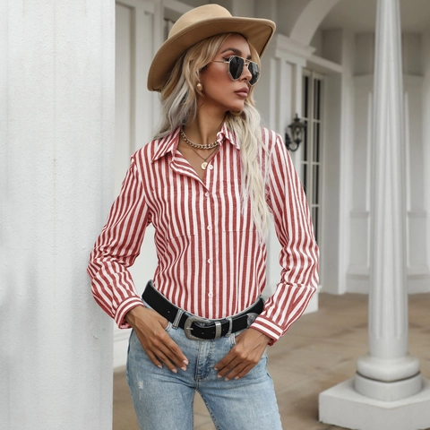 Women Casual Striped Long Sleeve Button Down Shirt Loose Polyester Cotton Blouse Lapel Commuting Office Tops