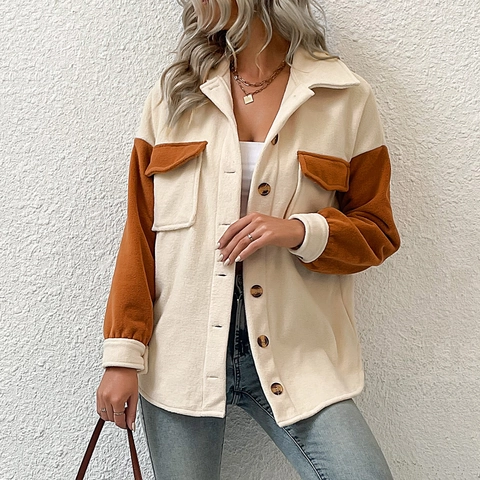 Βίντατζ Γυναικείο Shacket από Polar Fleece Patchwork Γιακάς Μονόπετο Παχύ Ζεστό Τζάκετ Με Τσέπες Μακρυμάνικο Πάνω Μέρος