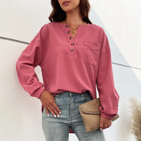Blusa de Manga Larga con Cuello en V para Mujer Camisa Casual con Botones y Bolsillo Top de Pullover Texturizado Redwood para Otoño Invierno