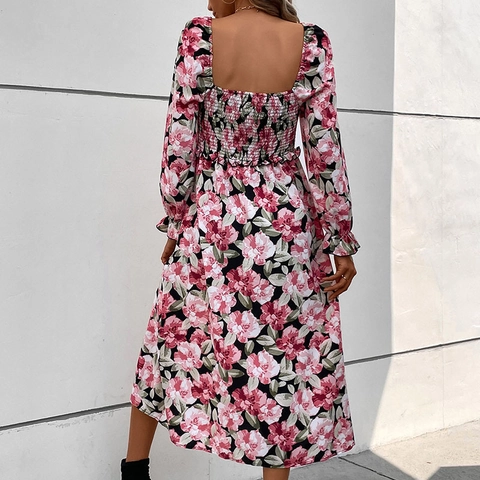 Women's French Square Neck Long Sleeve Floral Midi Dress Elegant Smocked High Slit Backless Bohemian Cottagecore Print Dress
