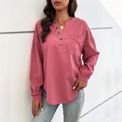 Blusa de Manga Larga con Cuello en V para Mujer Camisa Casual con Botones y Bolsillo Top de Pullover Texturizado Redwood para Otoño Invierno
