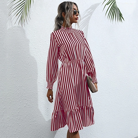 Damen Casual Langarm Midi Kleid Vertikale Streifen Elegant Rüschen Stehkragen Hohe Taille A-Linie Tunika Kleid Urlaub