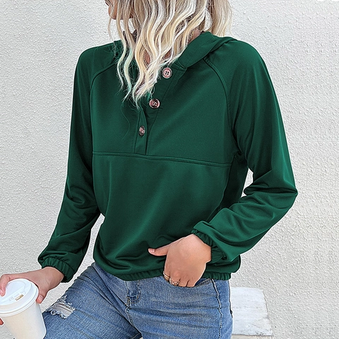 Women's Casual Long Sleeve Hooded Sweatshirt Patchwork Button Henley Neck Pullover Hoodie Autumn Winter Solid Color Tops