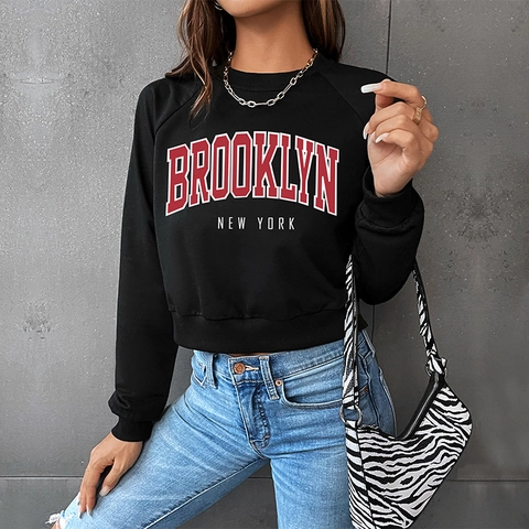 Sweat-shirt Court Noir pour Femmes Imprimé Lettres Brooklyn New York Décontracté Manches Longues Col Rond Top Pullover