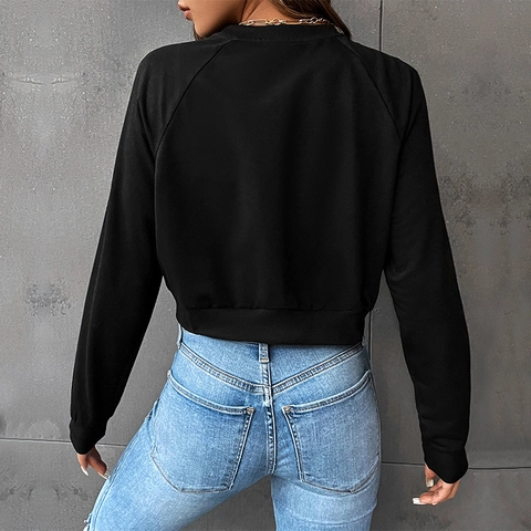 Sweat-shirt Court Noir pour Femmes Imprimé Lettres Brooklyn New York Décontracté Manches Longues Col Rond Top Pullover