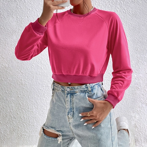 Women Cropped Sweatshirt Round Neck Raglan Long Sleeve Pullover Ribbed Cuffs Casual Solid Color Spring Autumn Fashion Top
