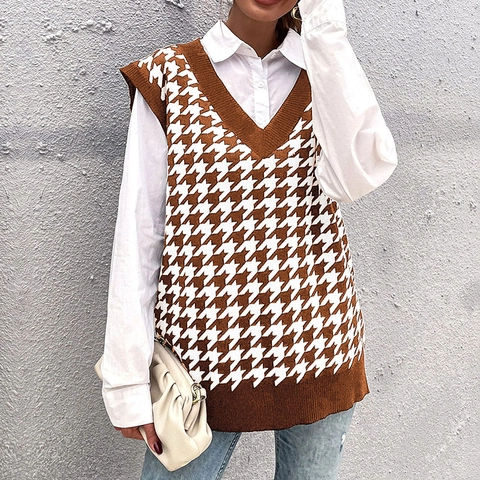 Dames Vintage Hahnentritt Gebreid Vest V-hals Mouwloos Los Casual Preppy Stijl Pullover Sweater Top