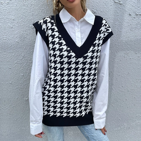 Dames Vintage Hahnentritt Gebreid Vest V-hals Mouwloos Los Casual Preppy Stijl Pullover Sweater Top