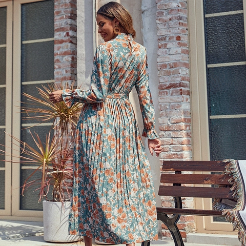 Abito Maxi Plissettato Elegante da Donna con Stampa Floreale Manica Lunga Collo Semialto Cintura da Annodare in Chiffon Autunno
