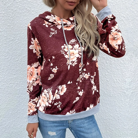 Women Casual Floral Print Hooded Hoodie Polyester Spandex Patchwork Long Sleeve Sweatshirt With Pocket Pullover Fashion Tops