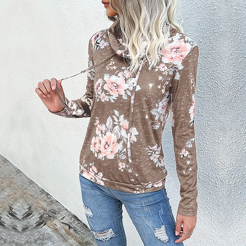 Felpa da Donna con Stampa Floreale e Collo ad Anello Manica Lunga Casual Retrò Pullover con Coulisse Morbido Misto Poliestere
