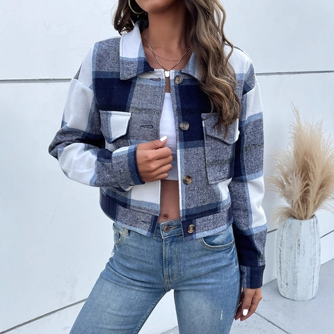 Giacca Cropped Scozzese da Donna Casual in Flanella Spazzolata con Bottoni e Tasche Manica Lunga Colletto a Revers Cappotto Vintage