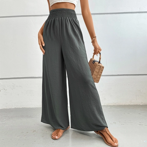 Damen Hohe Taille Gesmokte Weites Bein Hose Polyester Elasthan Locker Pendler Taschen Hose Für Sommerurlaub Strand Lässig