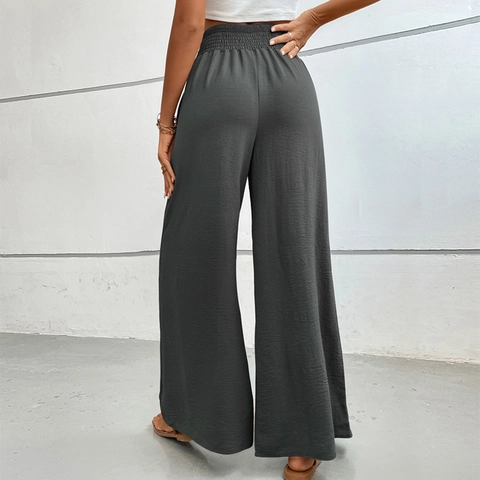 Damen Hohe Taille Gesmokte Weites Bein Hose Polyester Elasthan Locker Pendler Taschen Hose Für Sommerurlaub Strand Lässig