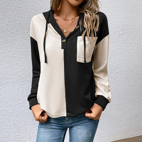 Women Casual Waffle Knit Hoodie Color Block Long Sleeve Sweatshirt Henley Button Neck Hooded Top With Pocket