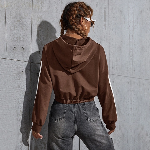 Dames Casual Cropped Hoodie Katoenmix Lange Mouw Zijstreep Trekkoord Sweatshirt Losse Pullover Streetwear Top