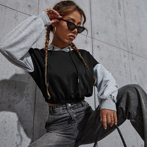 Women's Casual Color Block Crop Hoodie American Retro Letter Print Long Sleeve Drawstring Hooded Sweatshirt Pullover Top