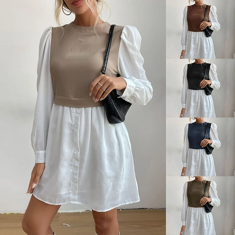 Γυναικείο Φόρεμα Patchwork Ψεύτικο Δύο Τεμαχίων Κομψό Στρογγυλή Λαιμόκοψη Μακρύ Φουσκωτό Μανίκι Με Κουμπιά A-Line Mini Γραφείο Casual