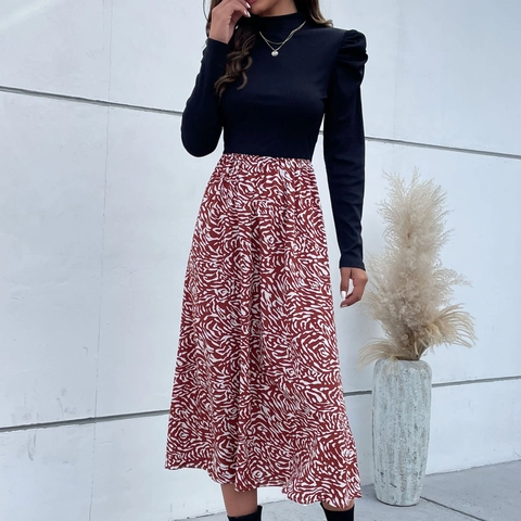 Women Elegant Patchwork Mock Neck Long Sleeve Dress Puff Sleeve A-Line Midi Dress Abstract Print Office Lady Clothes