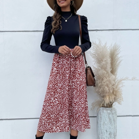 Women Elegant Patchwork Mock Neck Long Sleeve Dress Puff Sleeve A-Line Midi Dress Abstract Print Office Lady Clothes