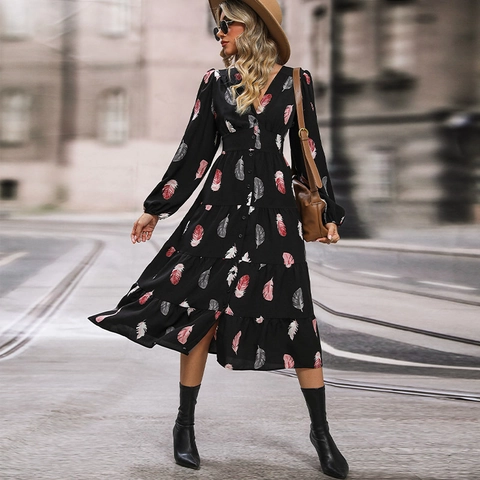 Women's Elegant Feather Print V-Neck Long Sleeve Tiered Maxi Dress Single Breasted Ruffle Casual Party Bohemian A-Line Dress