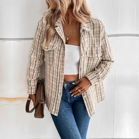Women Casual Plaid Tweed Jacket Loose Long Sleeve Shacket With Artificial Pearl Buttons Lapel Single Breasted Autumn Winter Outerwear