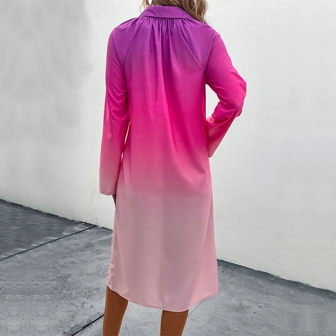 Damen Casual Farbverlauf Langarm Hemdkleid Revers Einreihig Midi Kleid Mode Locker Urlaub Party Kleid