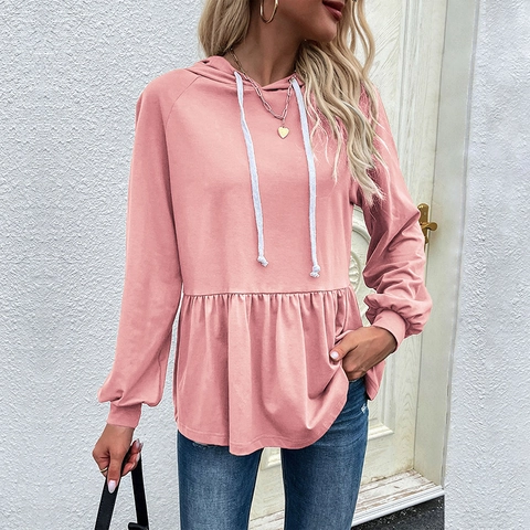 Sudadera con Capucha Informal de Algodón y Poliéster para Mujer con Dobladillo de Volantes Manga Larga Cordón Pulóver