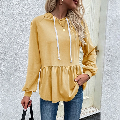 Sudadera con Capucha Informal de Algodón y Poliéster para Mujer con Dobladillo de Volantes Manga Larga Cordón Pulóver