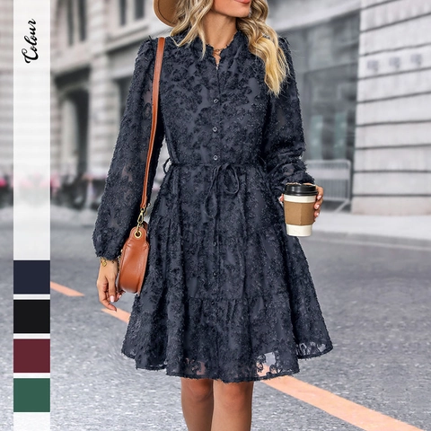 Women Long Sleeve Jacquard Tiered Mini Dress Stand Collar Lace See-Through Elegant Button Front Waist Tie Fashion Dress