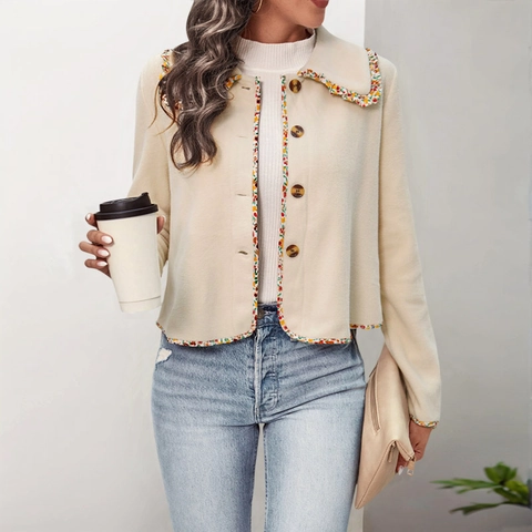 Women's Retro Floral Trim Polar Fleece Jacket Short Single Breasted Cardigan Lapel Long Sleeve Casual Outerwear Coat