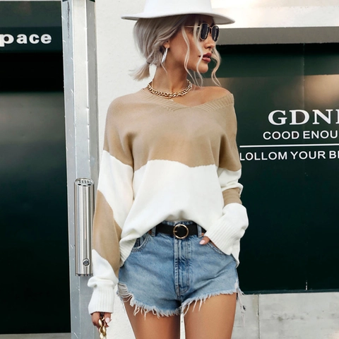 Suéter de Punto de Bloque de Color con Cuello en V para Mujer Ajuste Holgado Caqui Blanco Manga Larga Otoño Invierno