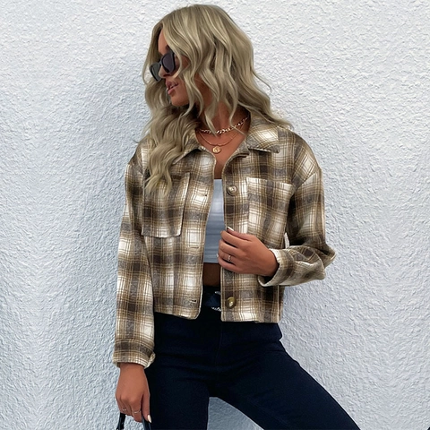 Women's Vintage Plaid Button Up Short Jacket With Lapel Collar Long Sleeve Brushed Plaid Shacket Outerwear Brown Khaki Checkered Top