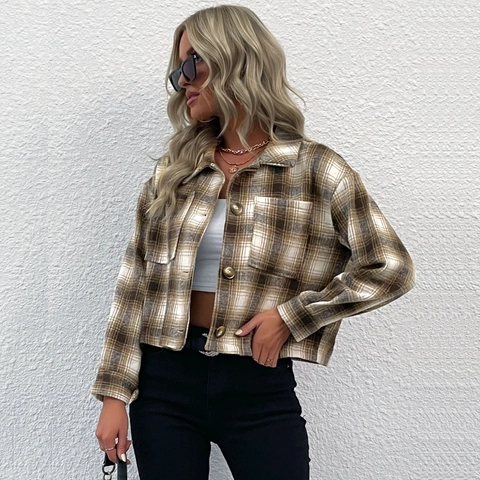 Women's Vintage Plaid Button Up Short Jacket With Lapel Collar Long Sleeve Brushed Plaid Shacket Outerwear Brown Khaki Checkered Top