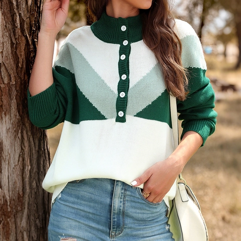 Maglione da Donna Casual a Blocchi di Colore con Motivo a V in Maglia Polo con Mezza Bottoniera Manica Lunga