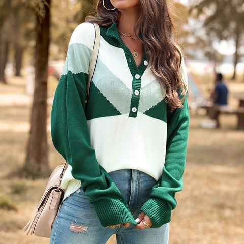 Maglione da Donna Casual a Blocchi di Colore con Motivo a V in Maglia Polo con Mezza Bottoniera Manica Lunga