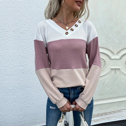 Top da Donna Casual in Maglia a Nido d'Ape Blocchi di Colore Scollo a V Bottoni Manica Lunga Patchwork T-Shirt Pullover Largo