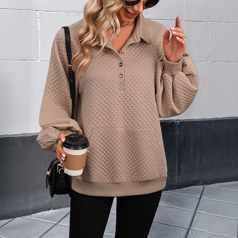 Women's Casual Quilted Rhombus Texture Lapel Pullover Sweatshirt Long Sleeve Kangaroo Pocket Buttons Top