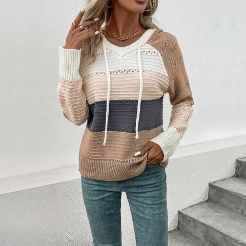 Suéter de Punto Casual para Mujer con Bloques de Color Capucha Calado Ganchillo Manga Larga Pullover Rayado Patchwork Top