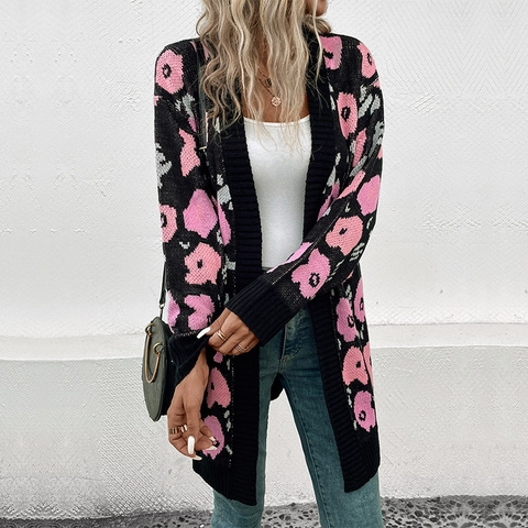 Dames Casual Gebreid Vest Lange Mouwen Open Voorkant Bloemen Jacquard Ruime Pasvorm Lange Bovenkleding Top